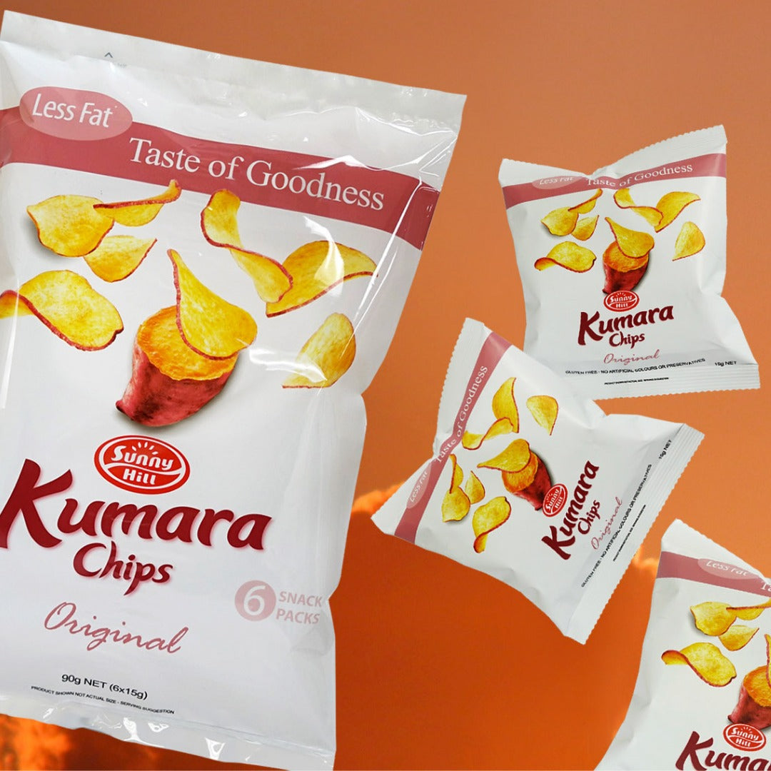 Kumara Chips packaging on an orange background