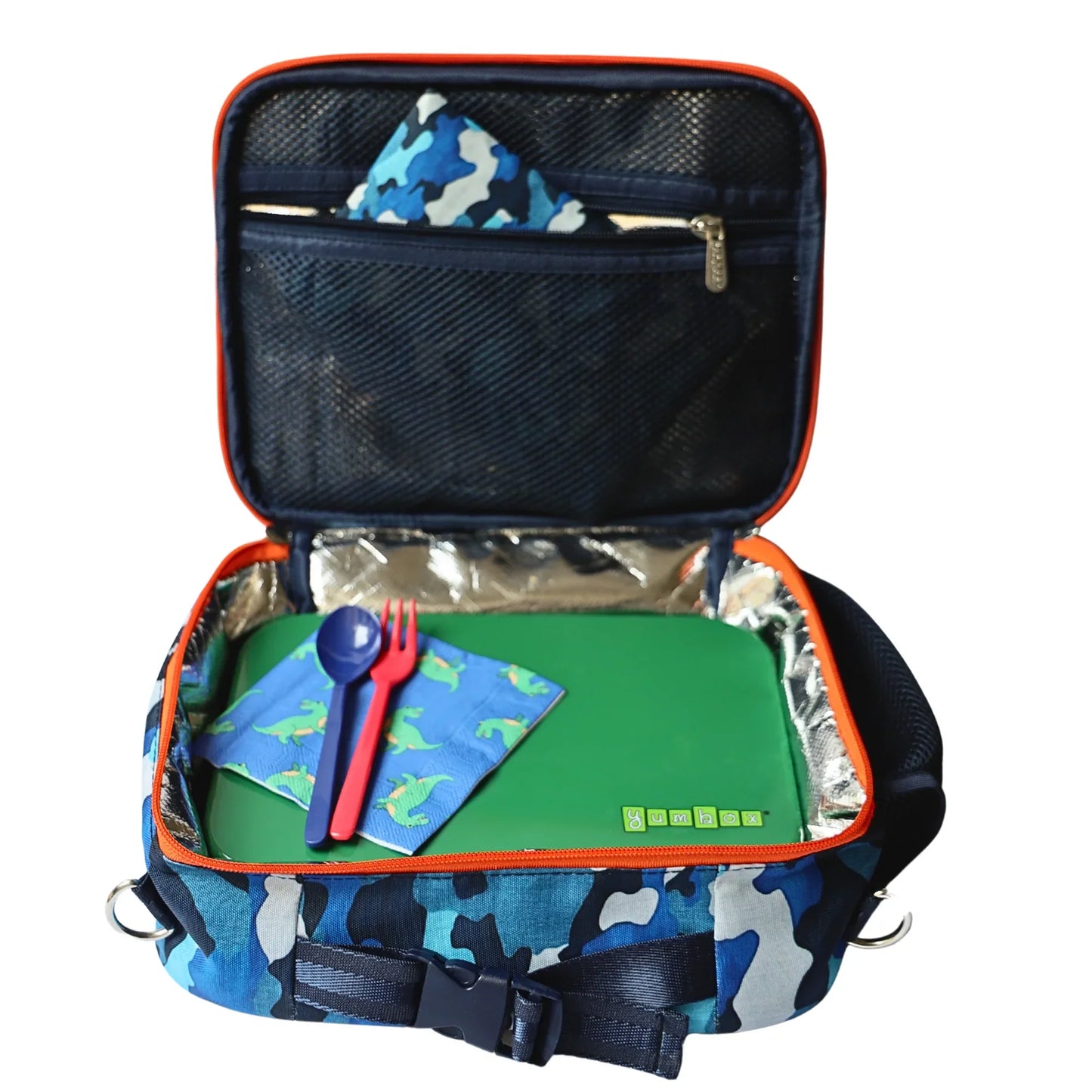 Camouflage-patterned cooler bag with green interior, food items, and cutlery on a white background