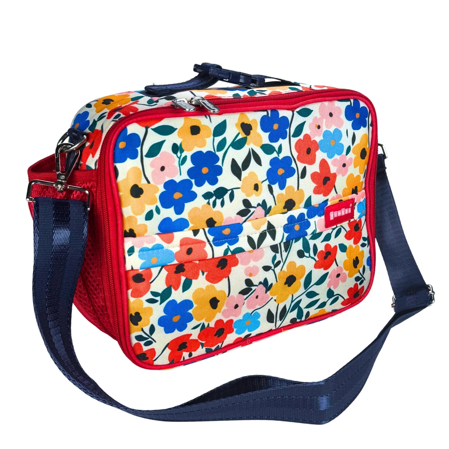 Floral-patterned bag with a red border and blue strap on a white background