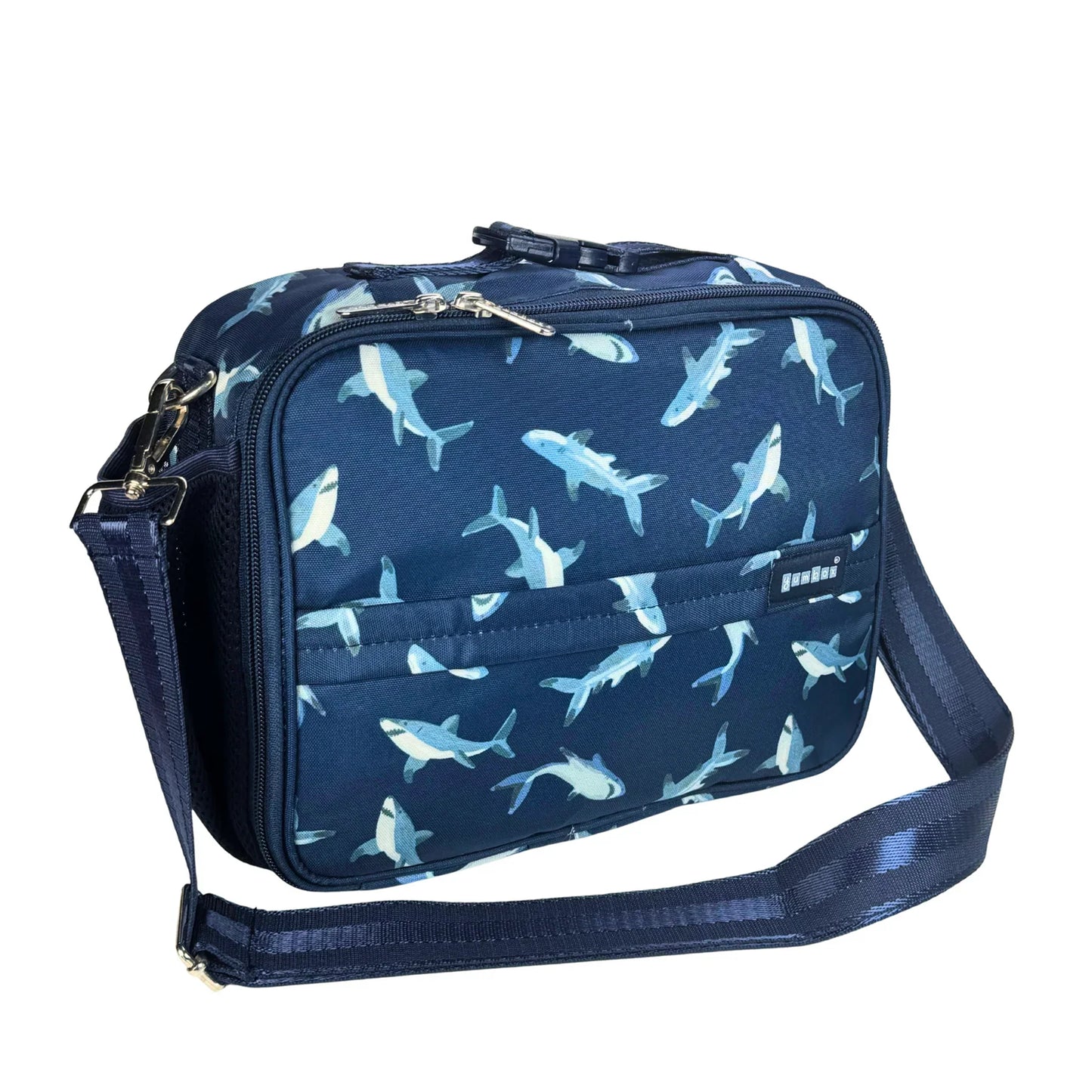 Navy blue bag with shark pattern on a white background