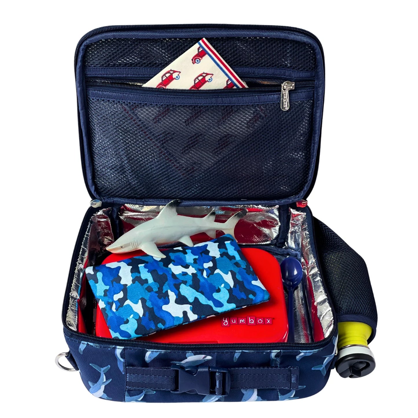Open blue bag with toys and items on a white background
