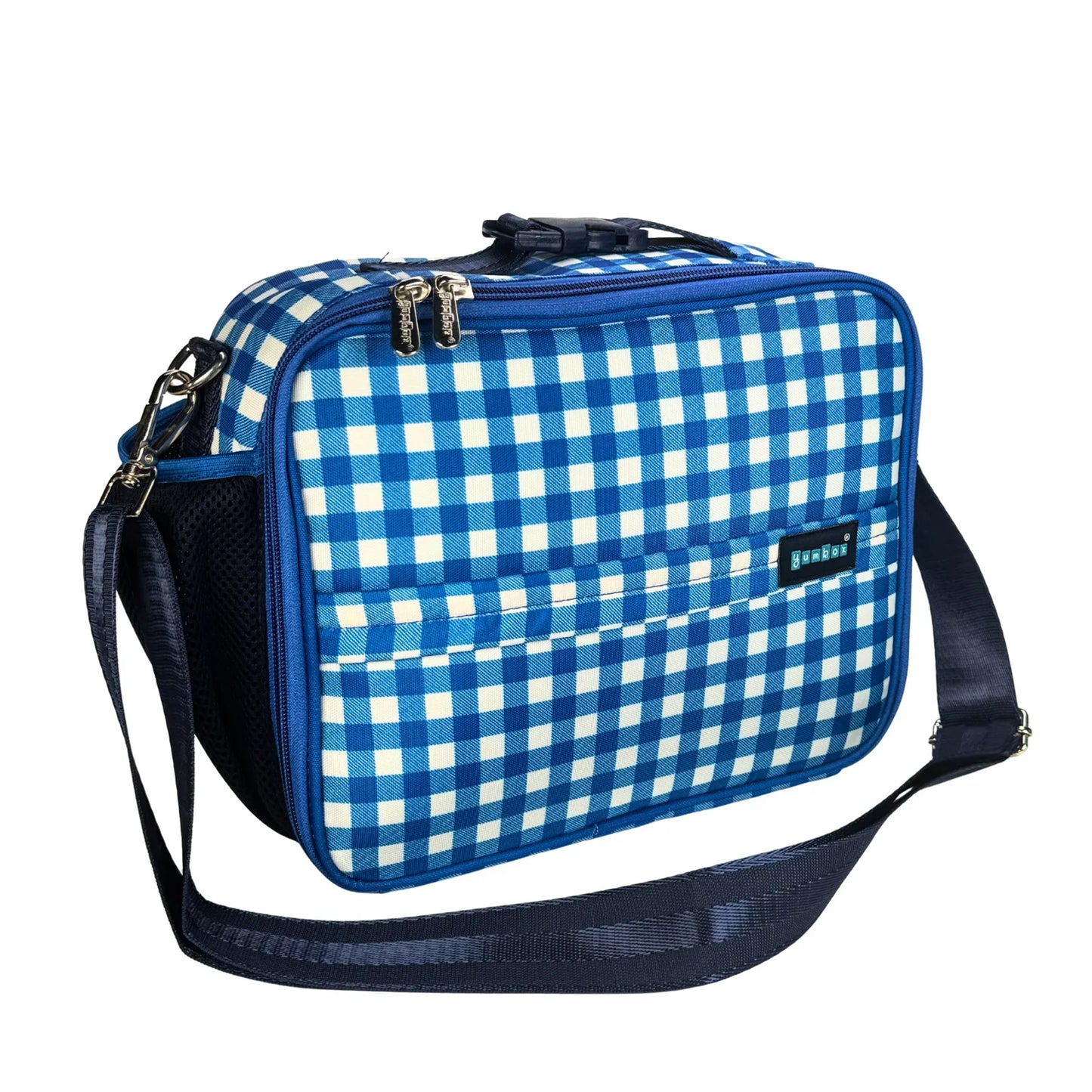 Blue and white checkered bag with a strap on a white background