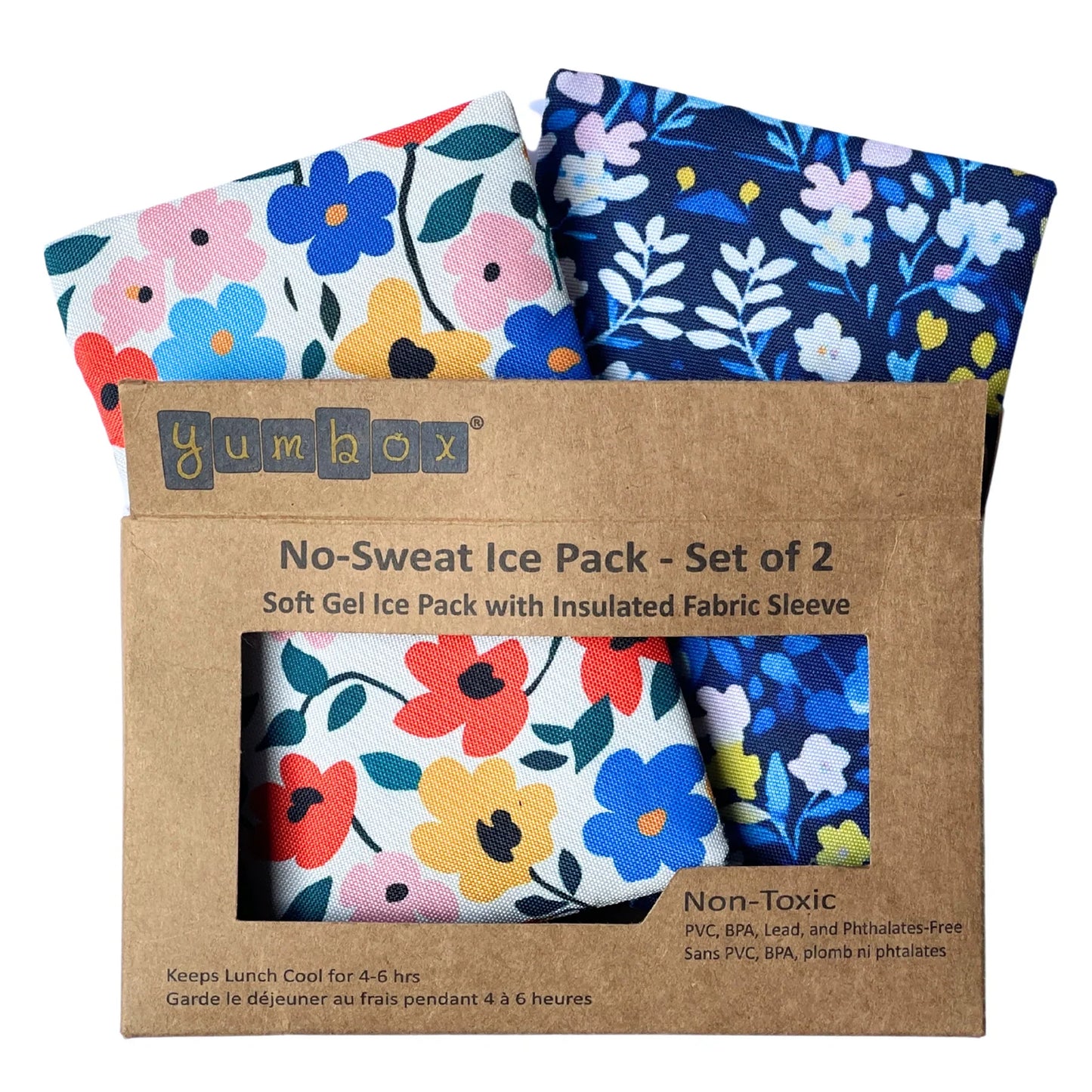 Yumbox no-sweat ice pack set with floral designs in packaging