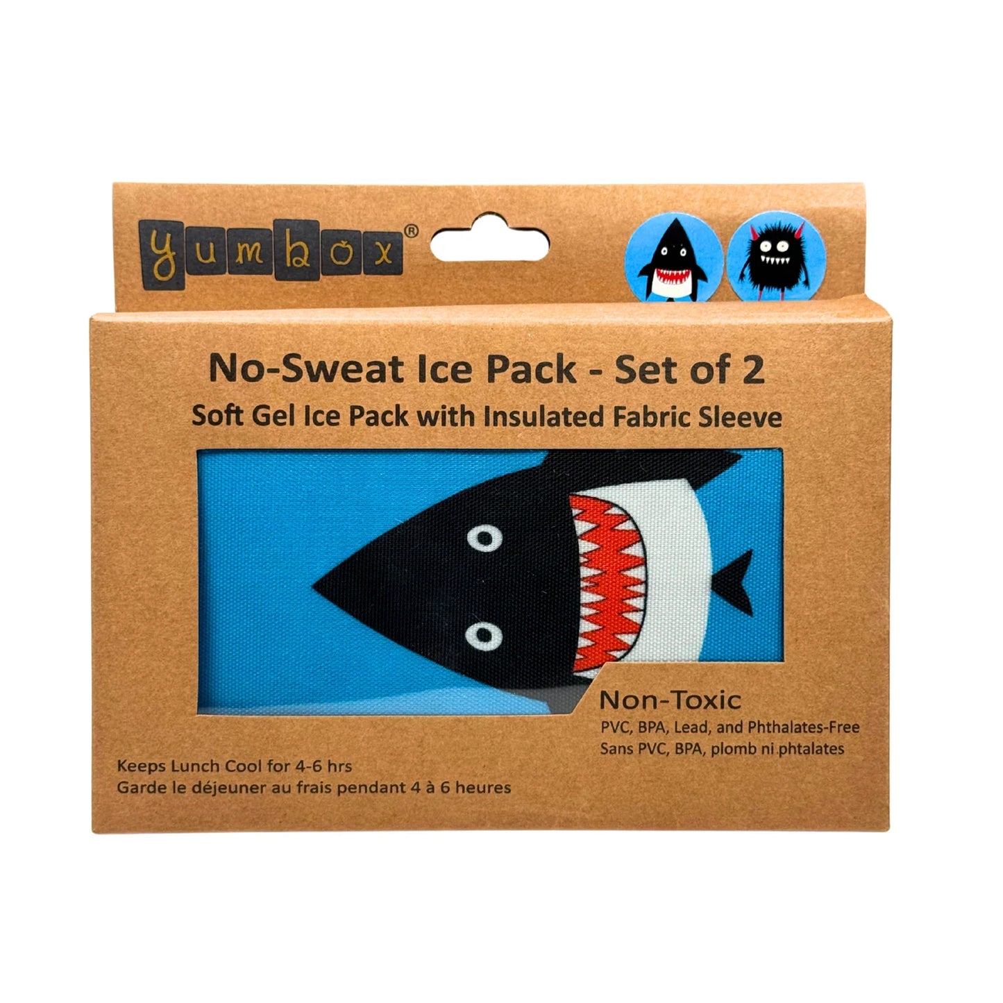 Yumbox no-sweat ice pack set of 2 packaging with shark design on brown cardboard