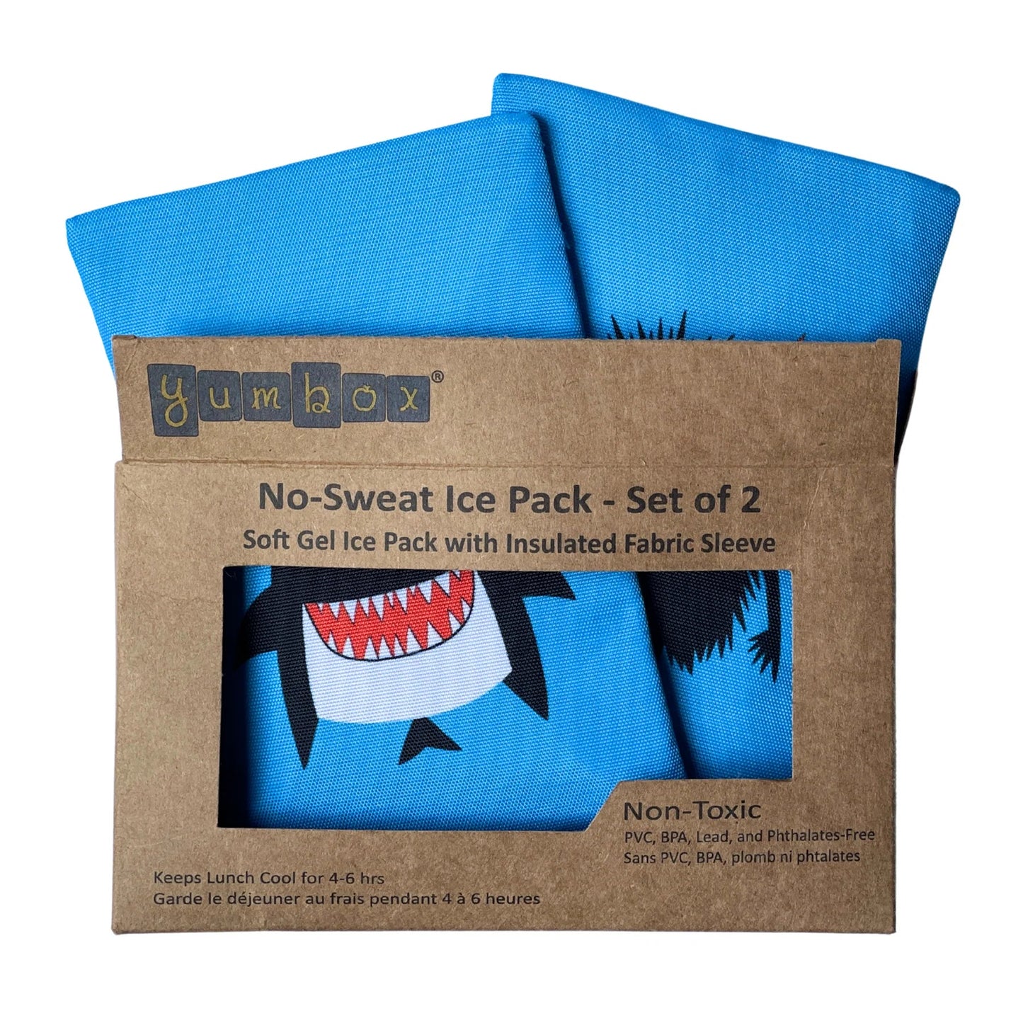Two blue ice packs in a cardboard packaging with 'yumbox' branding on a white background.