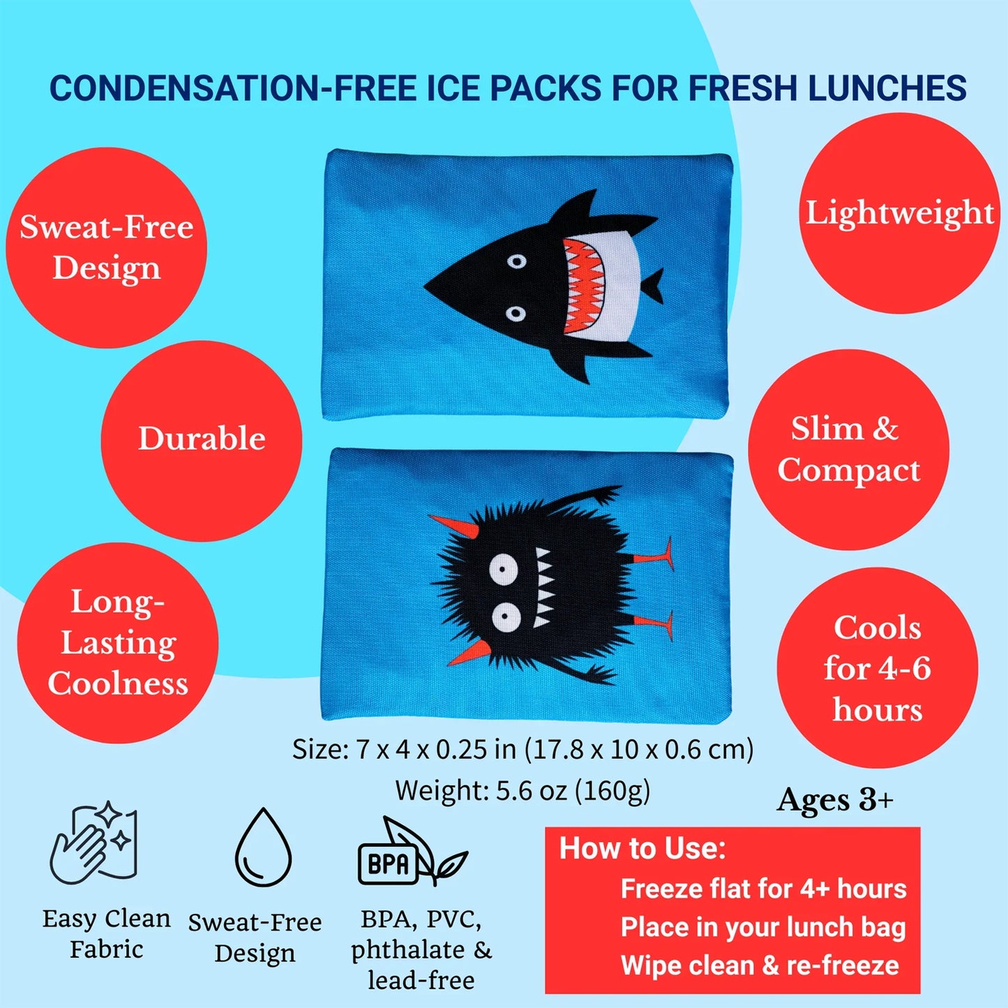 Shark and monster-themed ice packs with features and usage instructions on a blue background