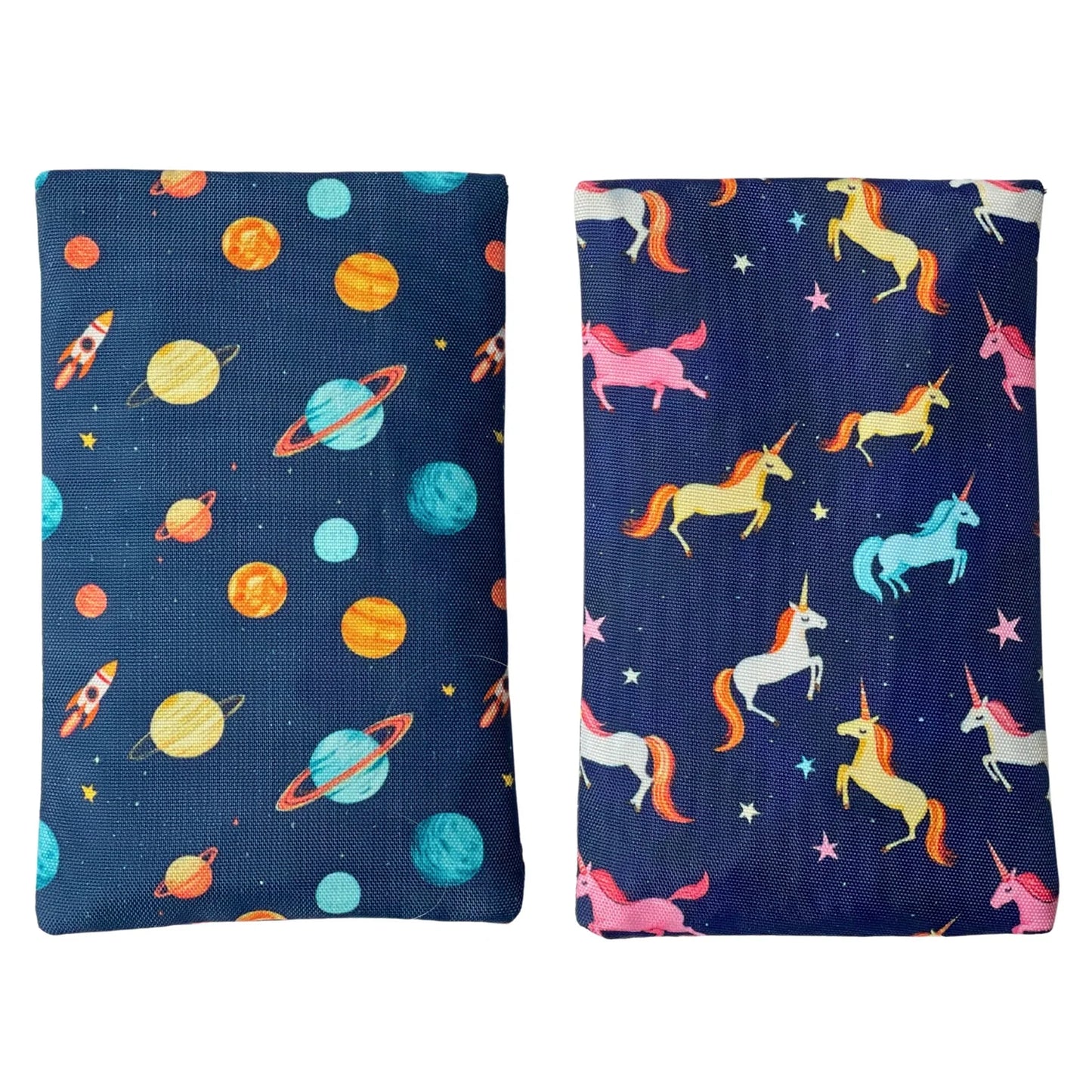 Two fabric pouches with space and unicorn patterns on a white background