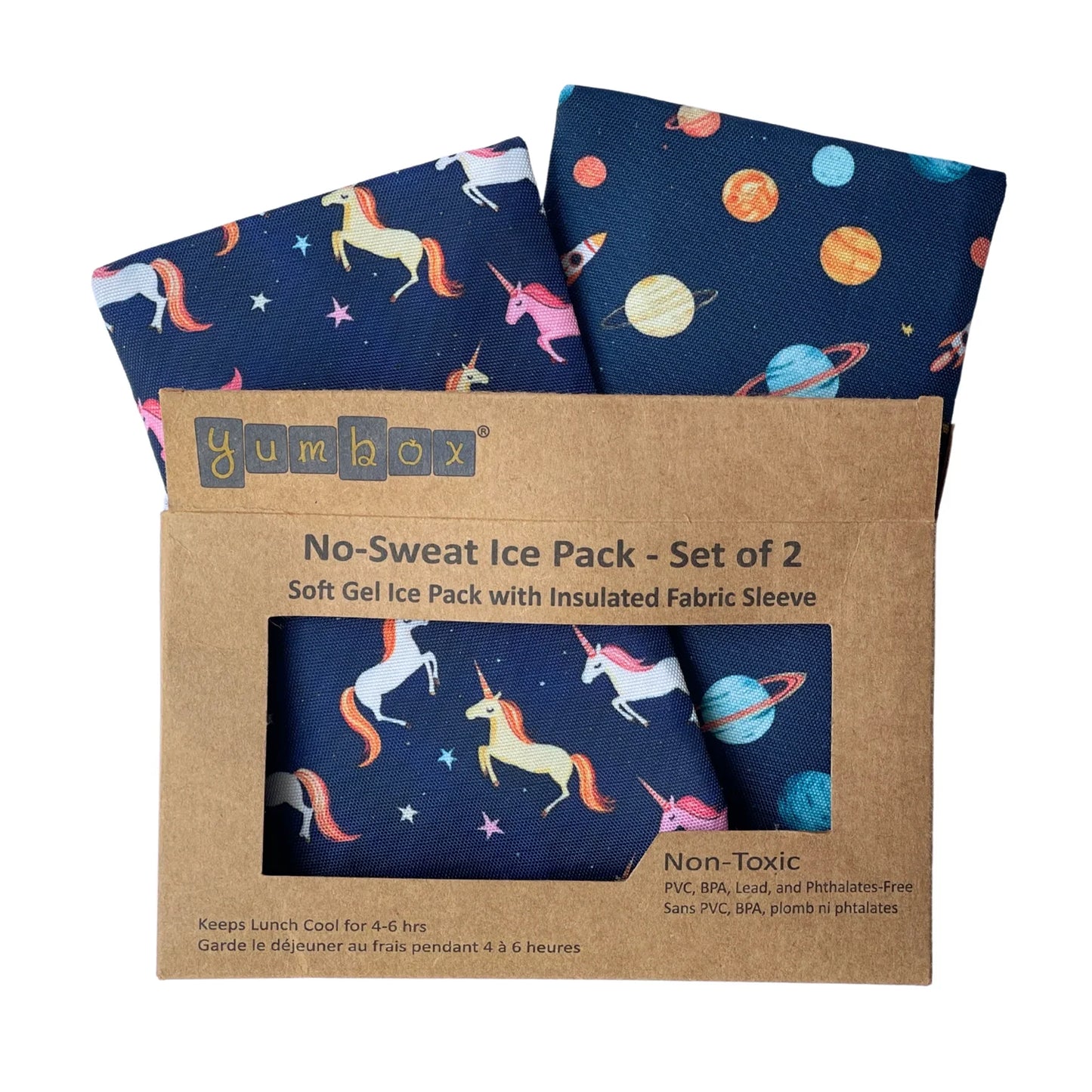 Yumbox no-sweat ice pack set with fabric sleeves in packaging on a white background