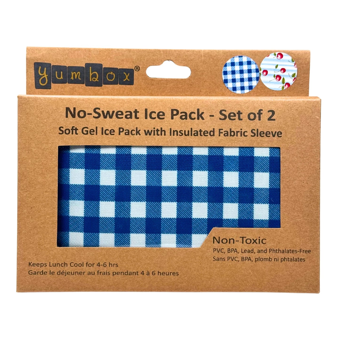 Yumbox no-sweat ice pack set with blue checkered design on brown packaging