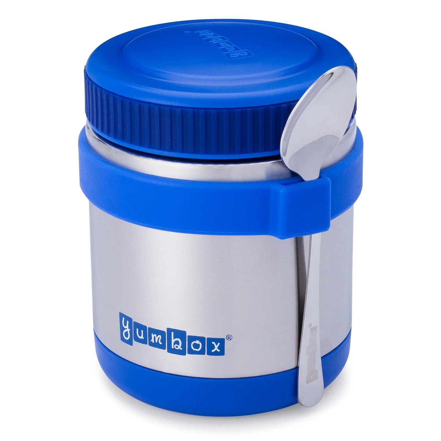 Blue and silver thermos with spoon on a white background