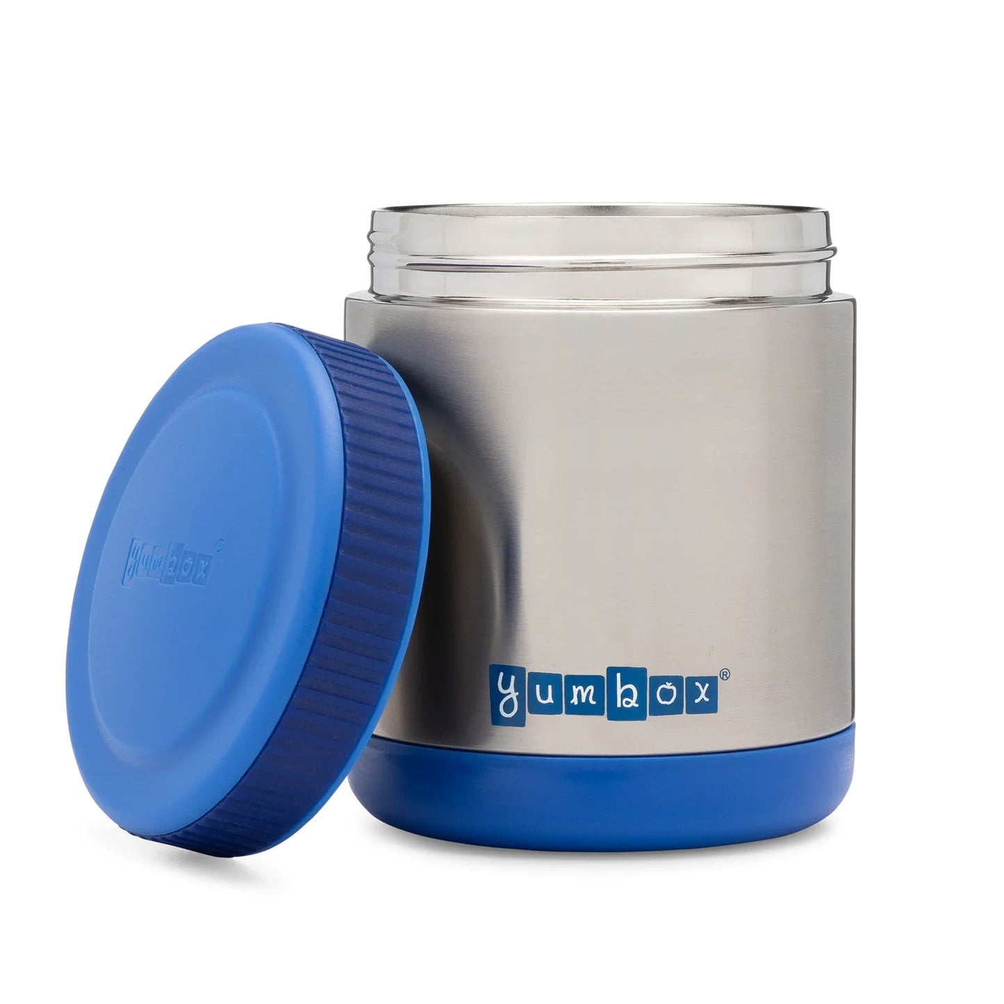 Stainless steel food container with blue lid and Yumbox logo on a white background