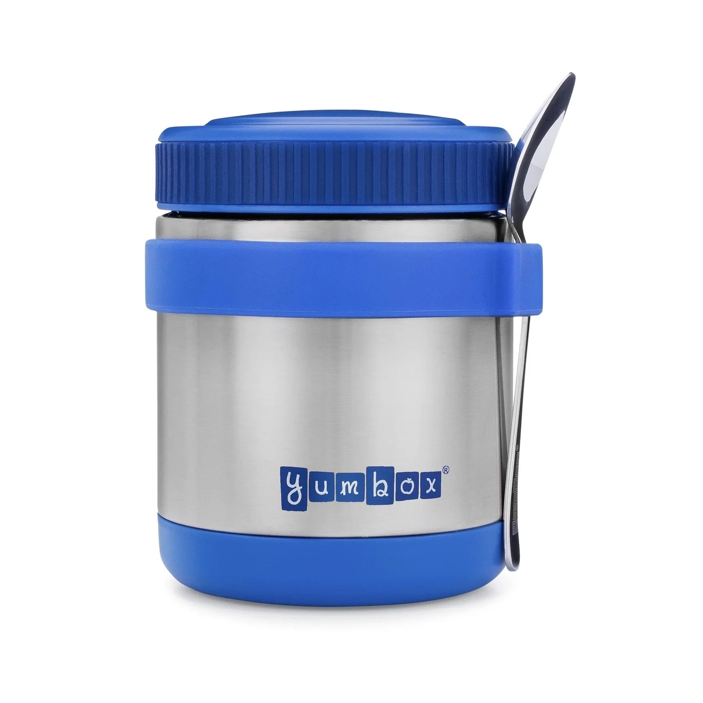 Blue and silver Yumbox food container with a spoon on a white background