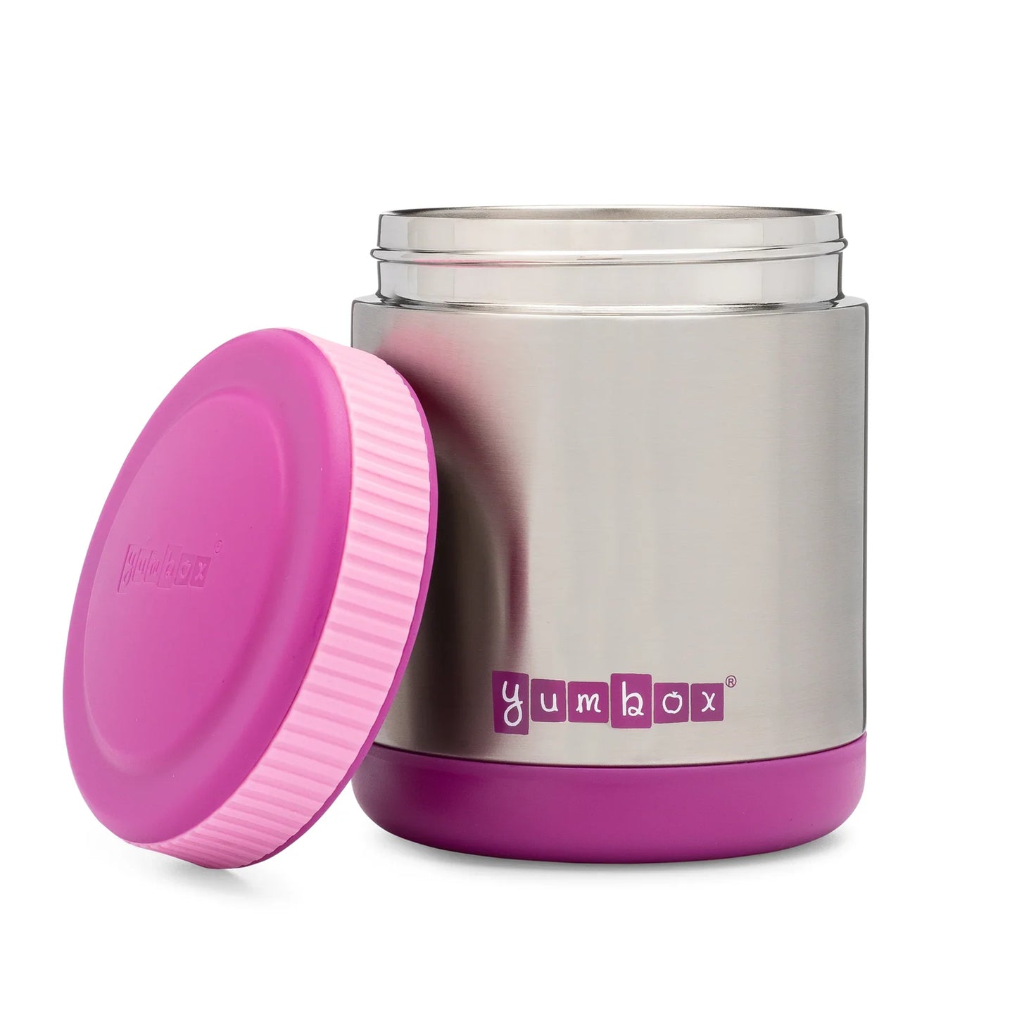 Silver and pink thermos with 'yumbox' branding on a white background