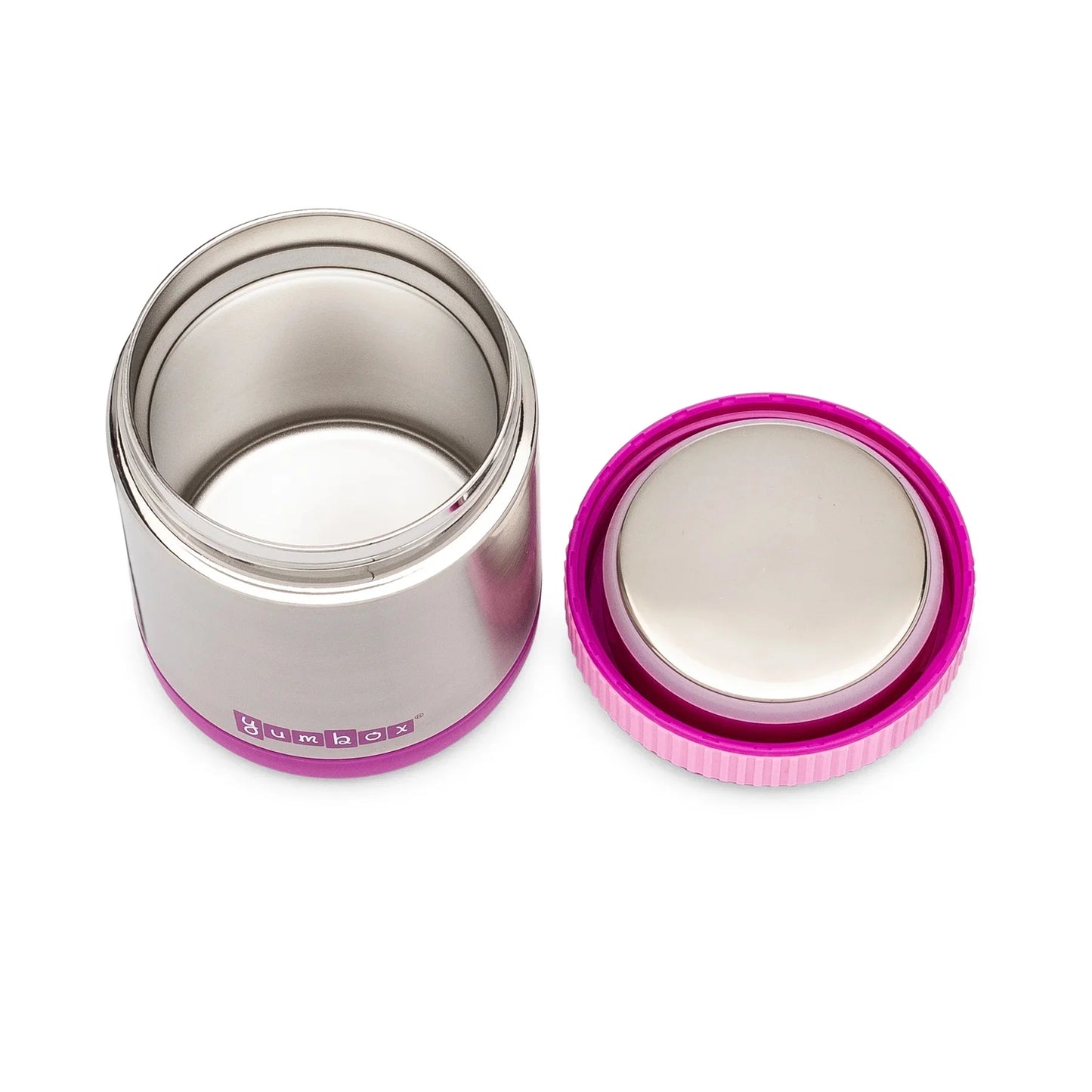 Stainless steel food container with pink lid on a white background