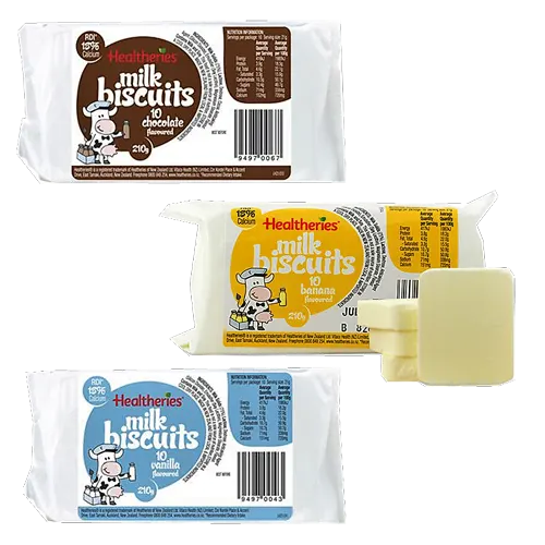 Healtheries Milk Biscuits, Vanilla/Banana/Chocolate, 210g - Healthy Snacks NZ