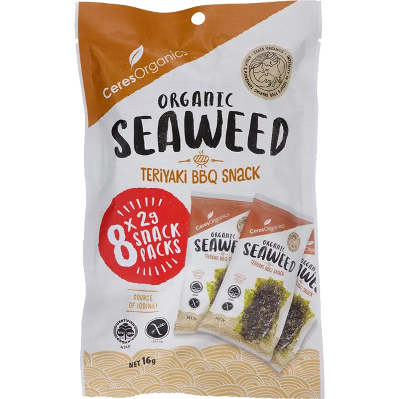 Organic Seaweed Snack, Teriyaki BBQ, Multi-pack, 8 x 2g - Healthy Snacks NZ