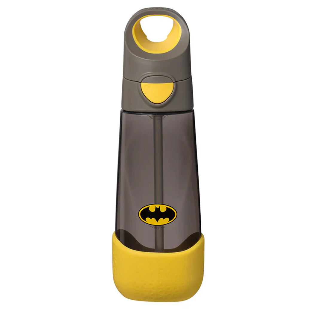 Batman-themed water bottle with yellow and gray design on a white background