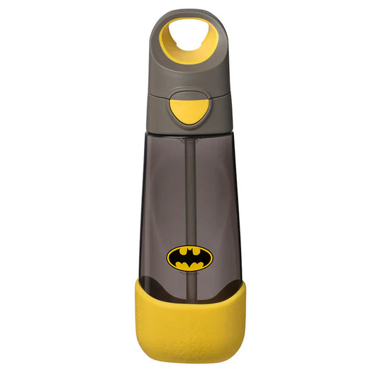 Batman-themed water bottle with yellow and gray design on a white background