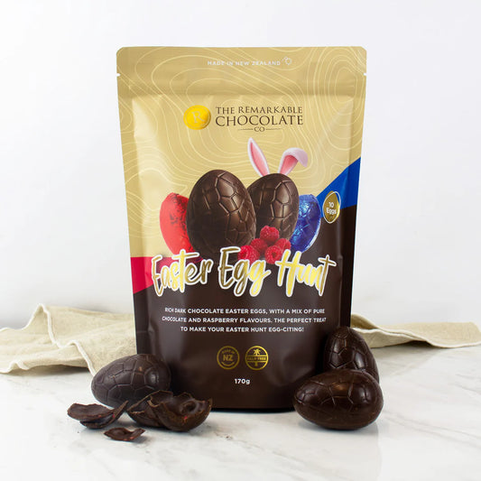 Chocolate Easter egg packaging with 'The Remarkable Chocolate' branding on a white background