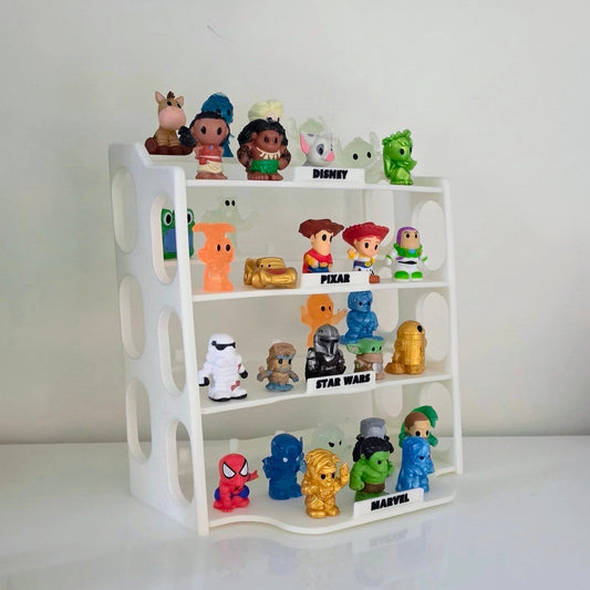 A white plastic 4-tier display shelf filled with small colorful character figurines from Disney, Pixar, Star Wars, Marvel, and other franchises, set against a plain white background.