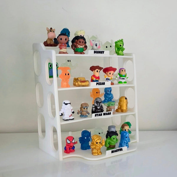 A white plastic 4-tier display shelf filled with small colorful character figurines from Disney, Pixar, Star Wars, Marvel, and other franchises, set against a plain white background.