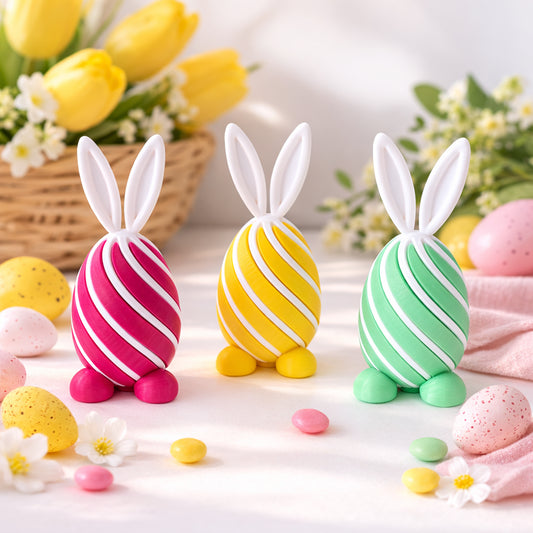 Colorful Easter egg-shaped bunny figurines with flowers and eggs in the background.