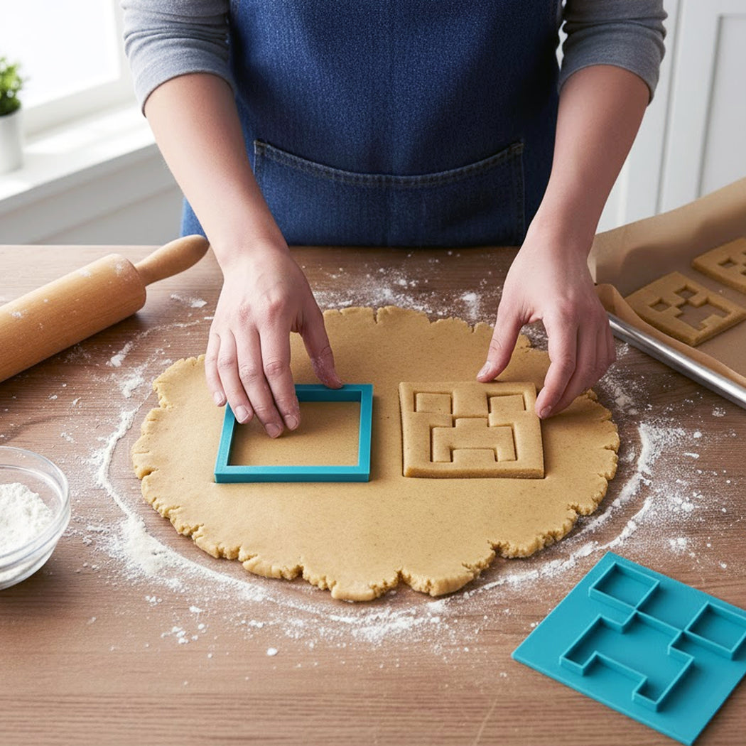Person making cookies with a blue cookie cutter on a wooden table.