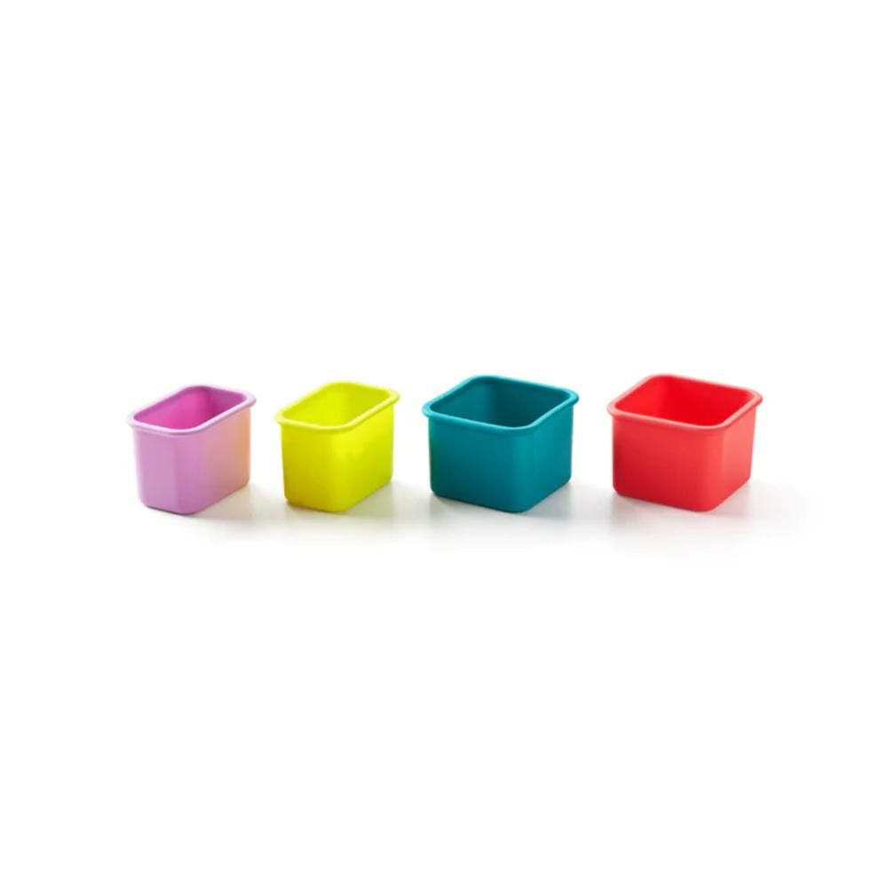 Four colorful plastic bins (pink, green, teal, red) on a white background