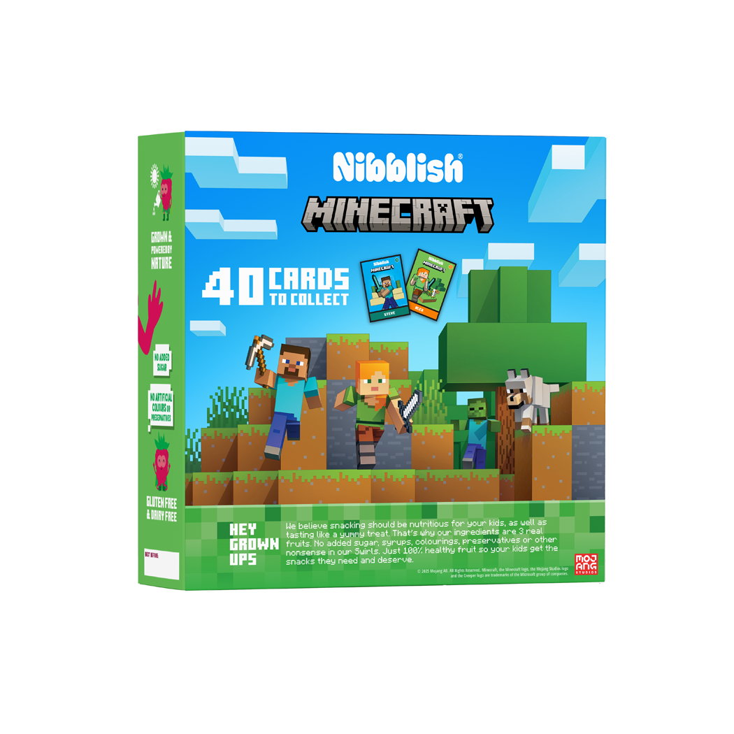 Nibblish Minecraft card game box with characters and landscape design on a white background