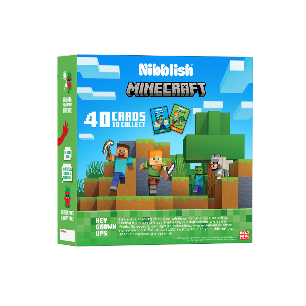 Nibblish Minecraft card game box with characters and cards on a white background