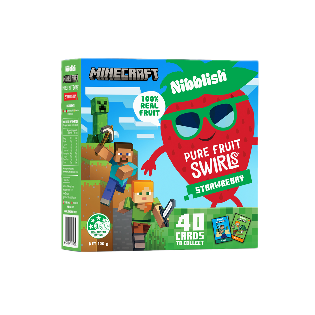Nibblelish Minecraft-themed strawberry fruit swirls packaging with characters and branding.