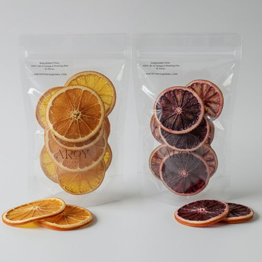 Two packages of dried orange slices with visible brand name on a white background