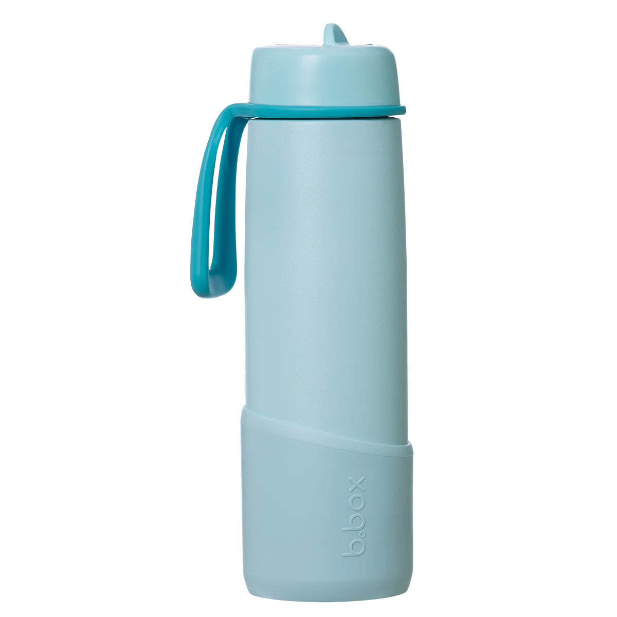 Light blue water bottle with a handle on a white background