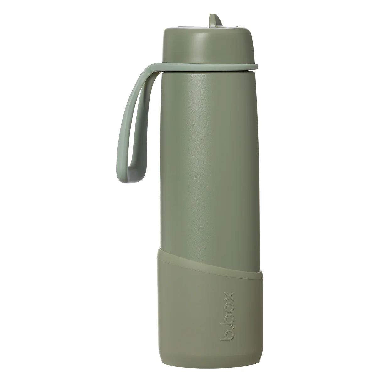 Green insulated bottle with handle on a white background
