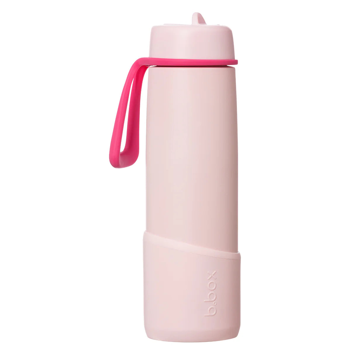 Pink water bottle with a pink handle on a white background