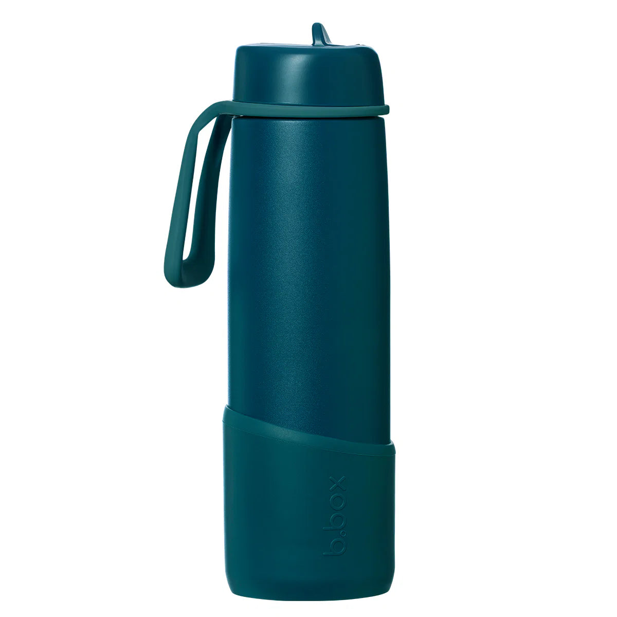 Teal water bottle with handle on a white background