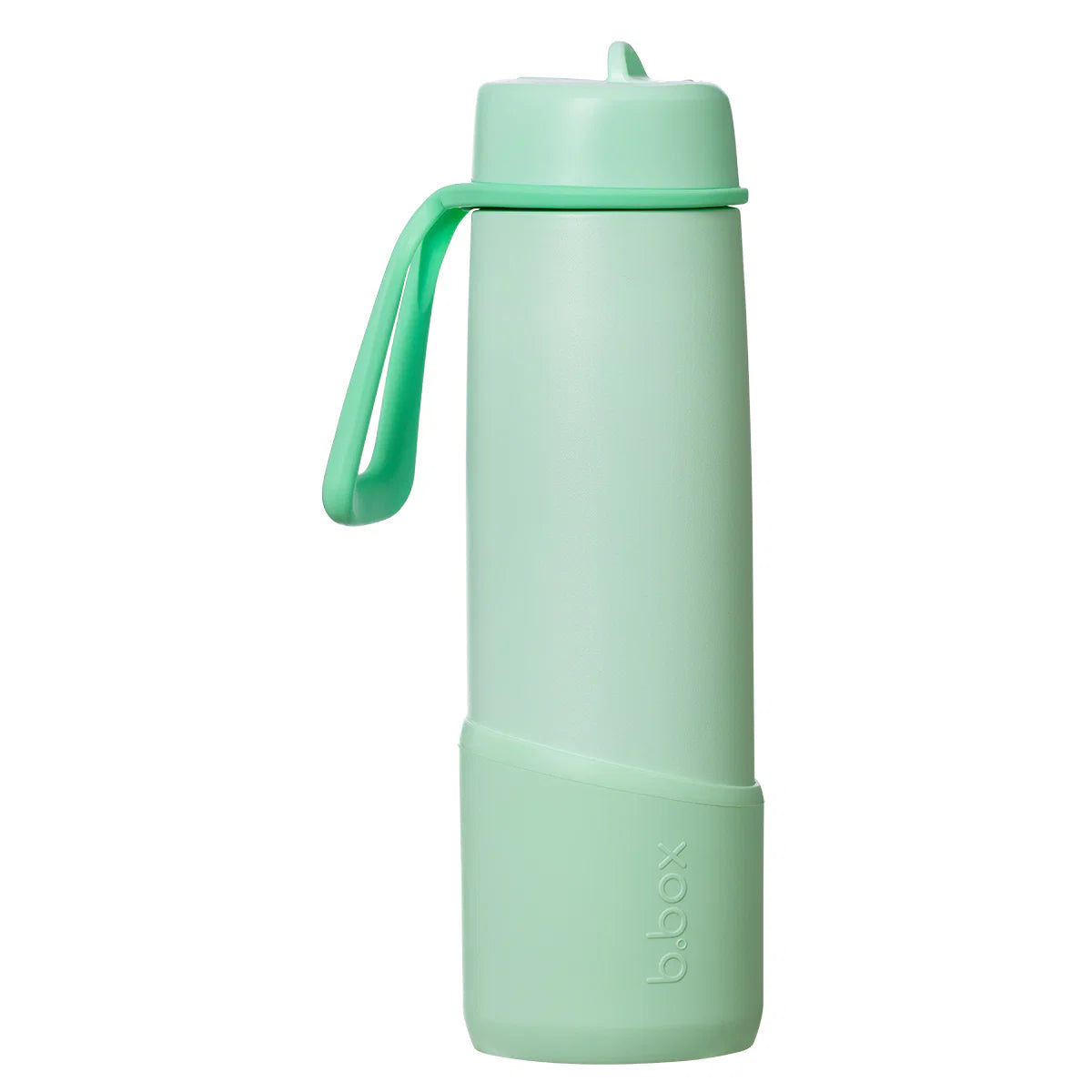 Light green water bottle with a handle on a white background
