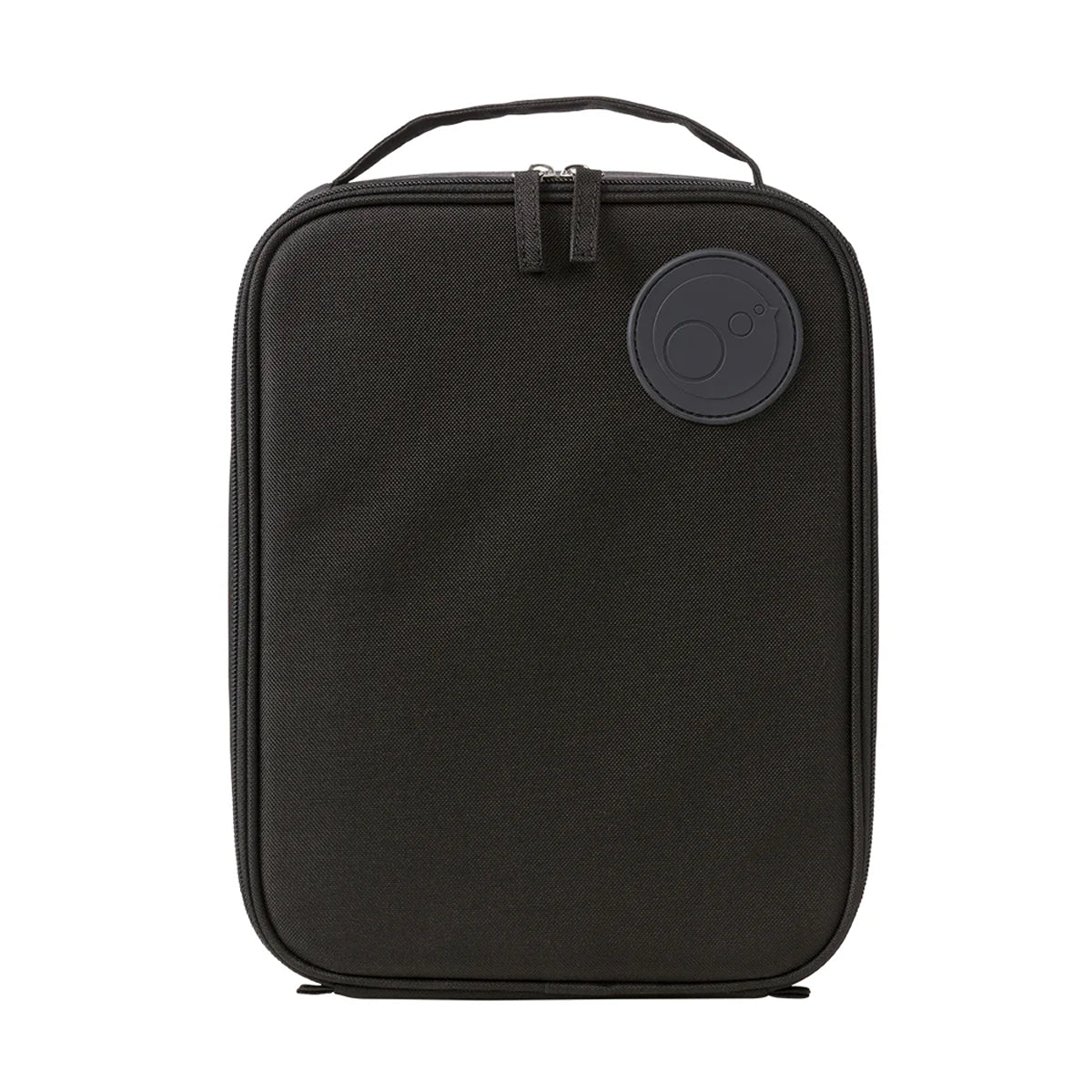 Black rectangular travel bag with a circular brand logo on a white background