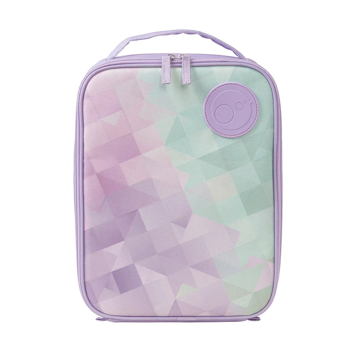 Pastel geometric patterned lunch bag with a purple handle and logo on a white background