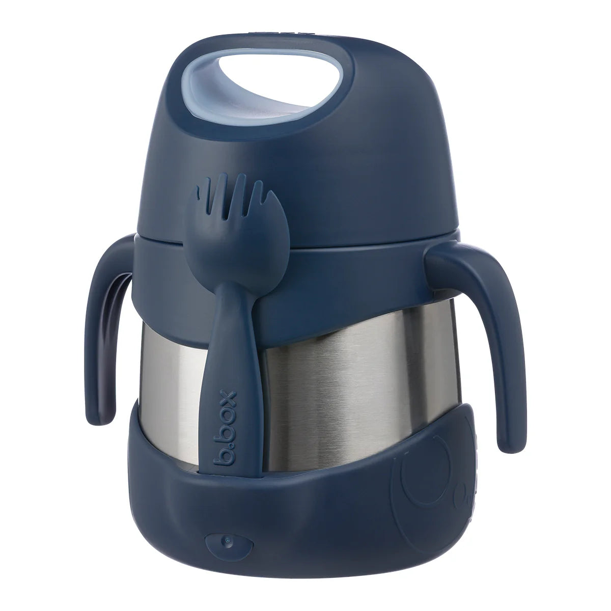 Blue thermos with spoon and handle on a white background