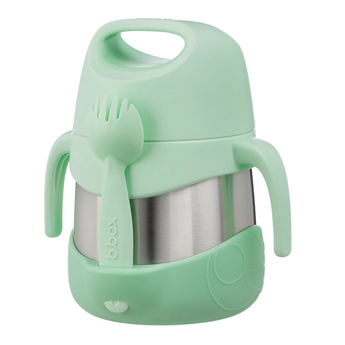 Green children's thermos with spoon and fork attachment on a white background