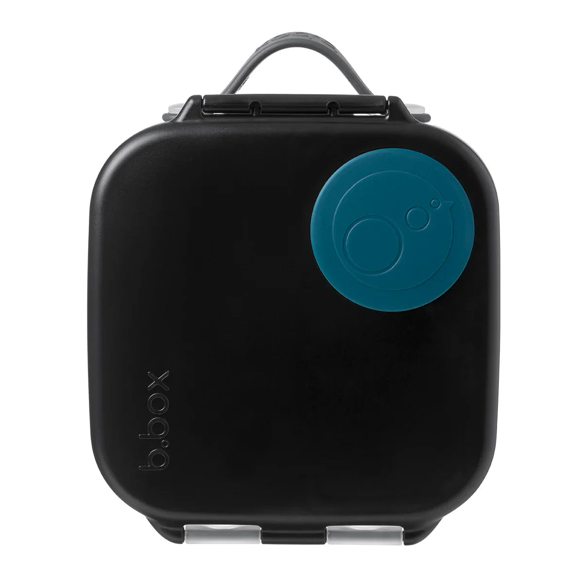 Black lunch box with a blue circular lid on a white background
