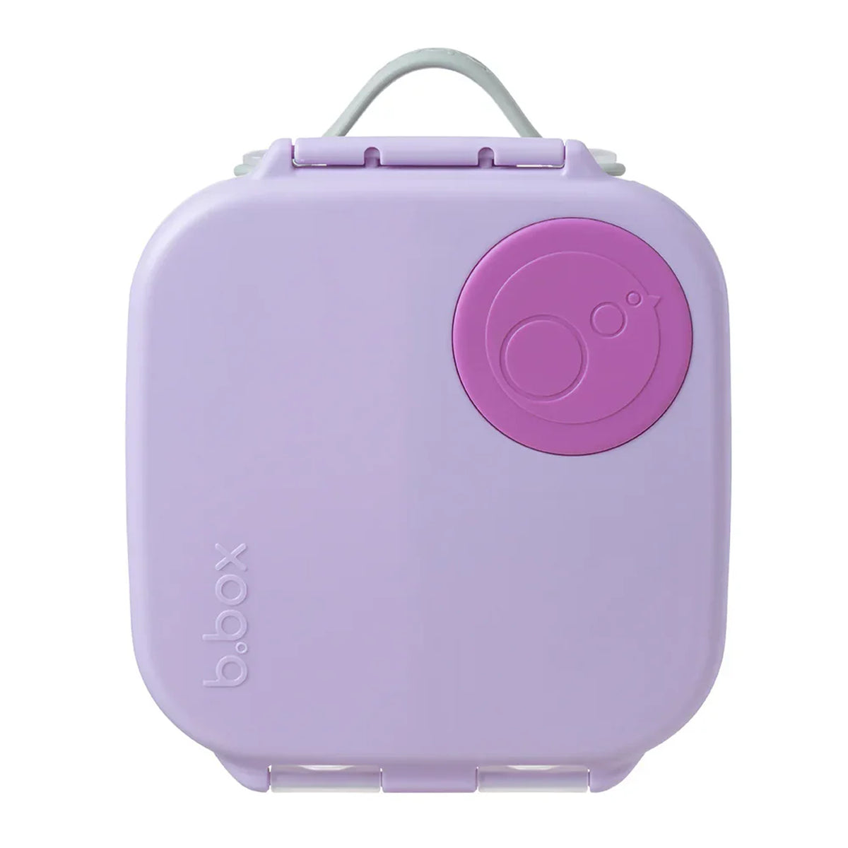 Purple snack box with a pink circular logo on a white background