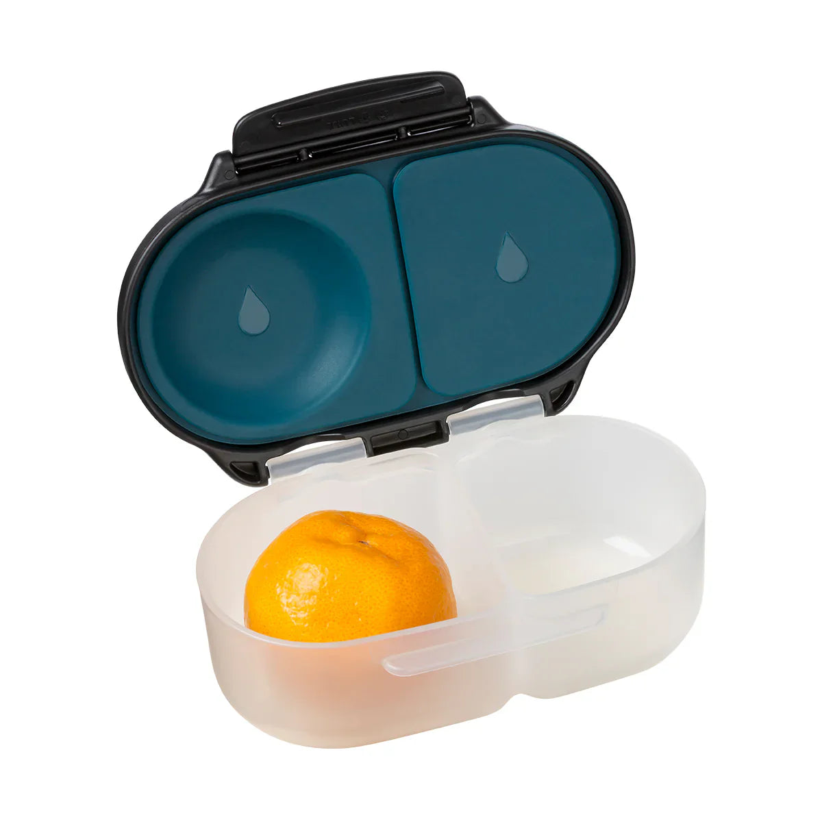 Portable pet food container with two blue compartments and a clear front section holding an orange ball.