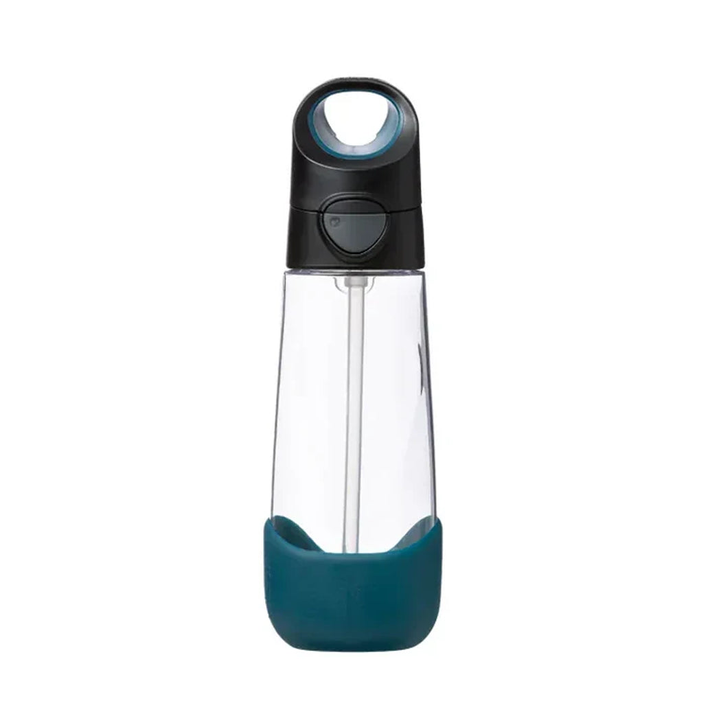 A clear plastic water bottle with a black flip-top lid and a dark teal silicone base, shown on a plain white background.