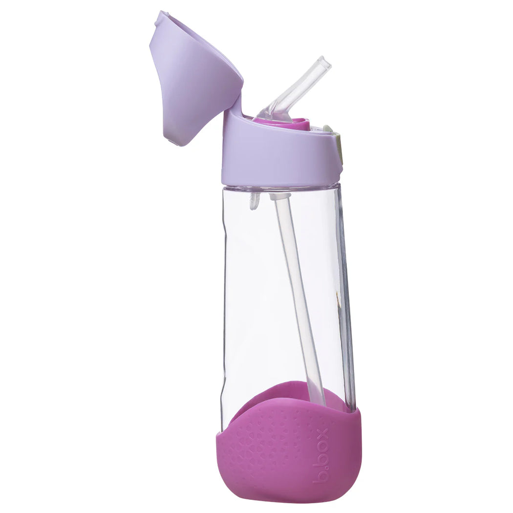 Clear water bottle with purple lid and base on a white background