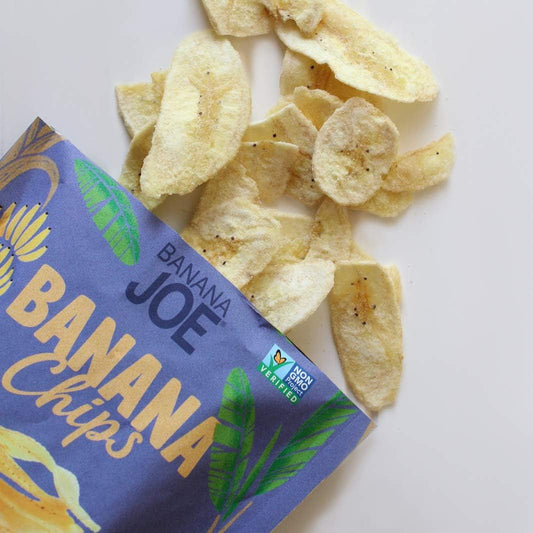 Banana Joe banana chips with packaging on a white background