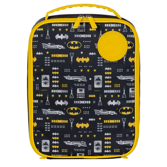 Batman-themed lunch bag with yellow accents on a white background