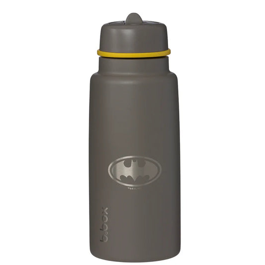 Gray water bottle with Batman logo and yellow straw lid on a white background