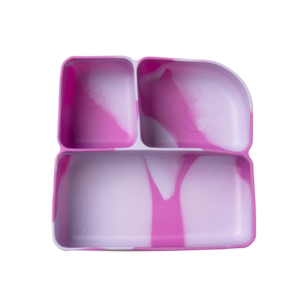 Pink and purple divided plate with a lid on a white background